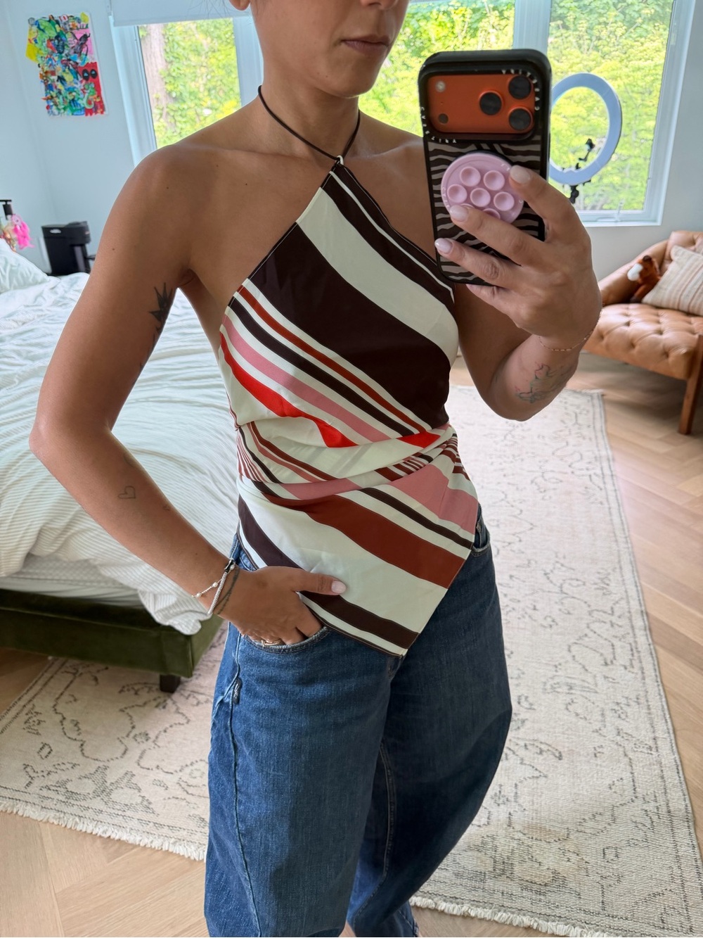 SIR the label Striped Halter Tank in Brown, Cream, Pink & Red